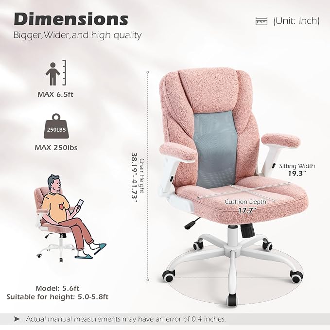SEATZONE Pink Home Desk Office Chair with Arms and Wheels, Comfortable Executive Computer Chair, Breathable Mesh and Teddy Fleece Fabric Swivel Task Chairs for Women&Girls