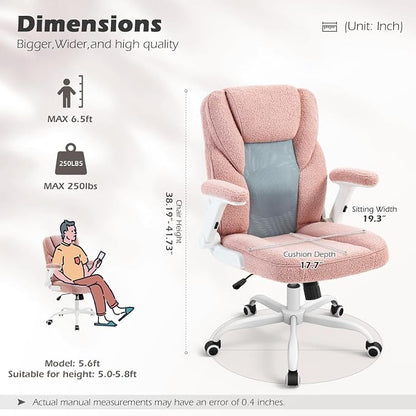 SEATZONE Pink Home Desk Office Chair with Arms and Wheels, Comfortable Executive Computer Chair, Breathable Mesh and Teddy Fleece Fabric Swivel Task Chairs for Women&Girls