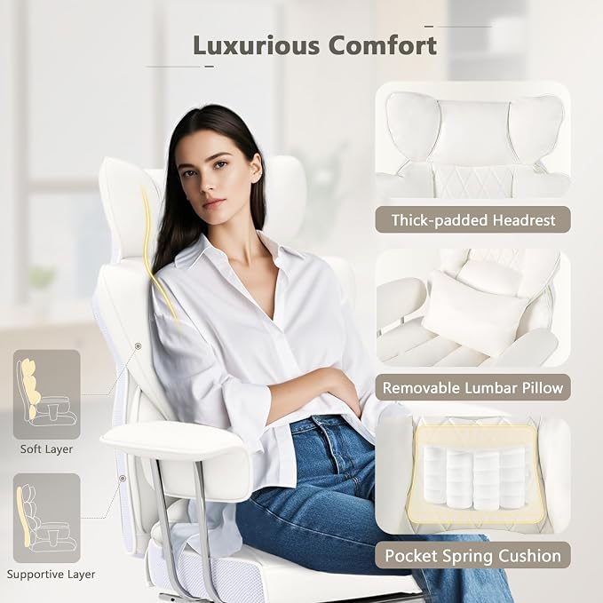 Giantex Office Desk Chair, Big and Tall Executive Office Chair with Foot Rest and Lumbar Support, High Back Leather Swivel Computer Task Chair, Large Ergonomic Reclining Home Office Chair, White