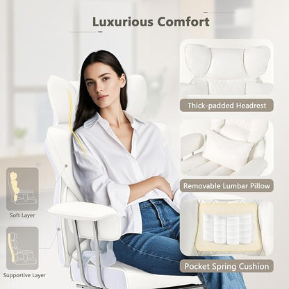 Giantex Office Desk Chair, Big and Tall Executive Office Chair with Foot Rest and Lumbar Support, High Back Leather Swivel Computer Task Chair, Large Ergonomic Reclining Home Office Chair, White