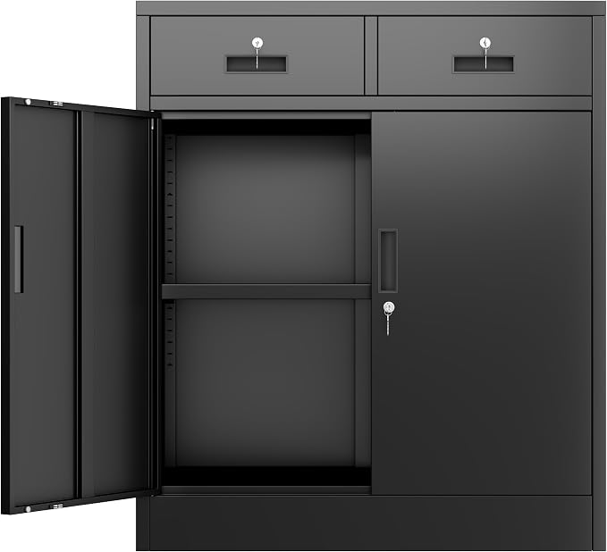 BESFUR Metal Storage Cabinet, Garage Storage Cabinet with 2 Drawers and Adjustable Shelf, Locking Short Storage Cabinet for Office Garage Home, Black Metal Cabinets(36" H x 31.5" W x 16" D)