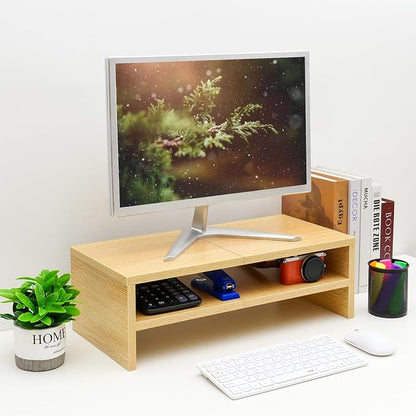 TEAMIX 2 Tiers Desktop Monitor Stand Riser 20 Inch Printer Stand with Storage Small TV Riser Laptop Wooden Desk Organizer Shelf Bookshelf Maple (Natural Maple, 2 Tiers)