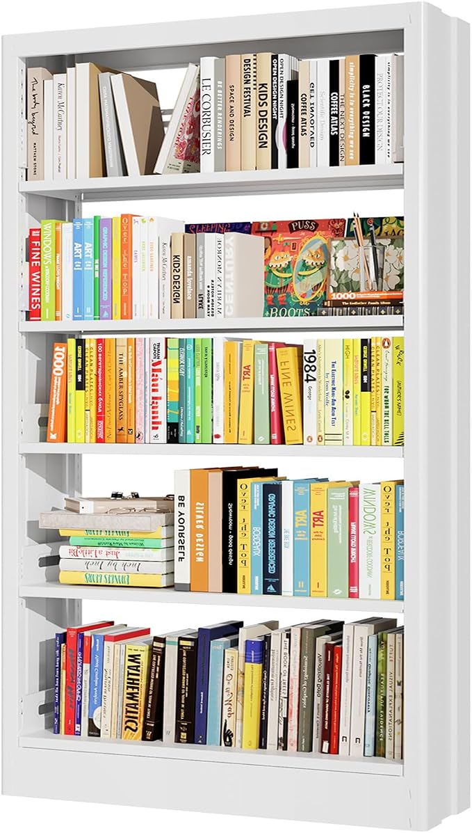 71" Metal Bookshelf, 5 Tier Library Bookcase with Adjustable Shelves, Heavy Duty Bookshelves and Bookcases, Modern Book Shelf Tall Book Case for Living Room, Office (White, 37.4" Wide)