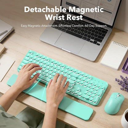 Wireless Keyboard and Mouse Combo, Backlit Round Keycaps, Retro Typewriter Keyboard with Detachable Wrist Rest, Rechargeable & Tilt Legs, 2.4GHz Cordless Connection for Windows/PC (Glowing Turquoise)