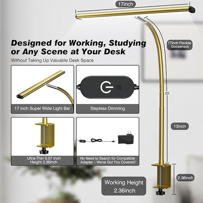 Airlonv LED Desk Lamp for Office Home, Eye-Caring Desk Light with Stepless Dimming Adjustable Flexible Gooseneck, 10W USB Adapter Desk Lamp with Clamp for Reading, Study, Workbench (Gold)