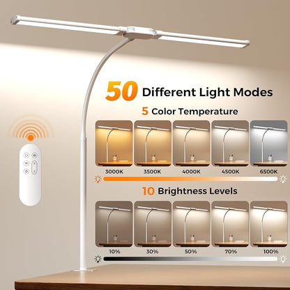 SKYLEO LED Desk Lamp with Clamp - Double Head Desk Light with Remote and Touch - Eye Protection - 12 W, 5 Color Modes, Timer and Memory Function, Flexible Gooseneck - for Office, Reading - White
