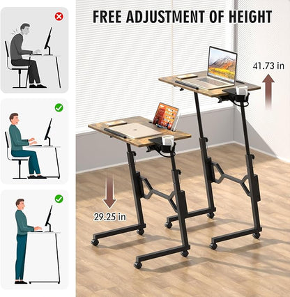 Enayplon Small Standing Desk with Wheels, Portable Treadmill Desk, Rolling Desk Adjustable Height for Laptop, Mobile Standing Table for Walking Pad, Bedside Table
