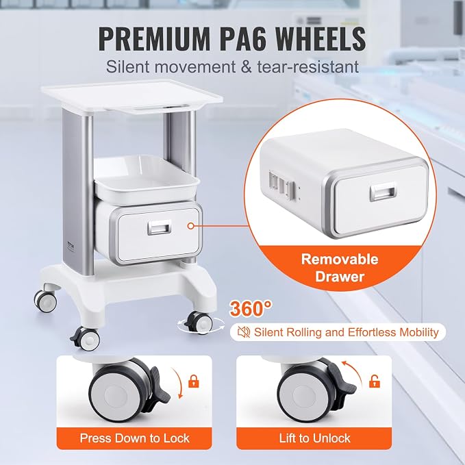 VEVOR Medical Trolley Storage Cart with Removable Drawer, Rolling Lab Tray Cart with Wheels for Ultrasound, Dental Clinic, Lab, Beauty Salon, Office