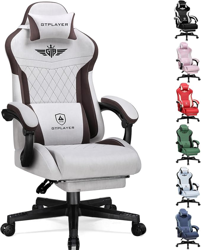 GTPLAYER Gaming Chair with Footrest, Big and Tall Game Chair High Back Computer Office Chair with Lumbar Support for Adults, Ergonomic Swivel Games Chair with Cushion Gaming, Fabric Brown