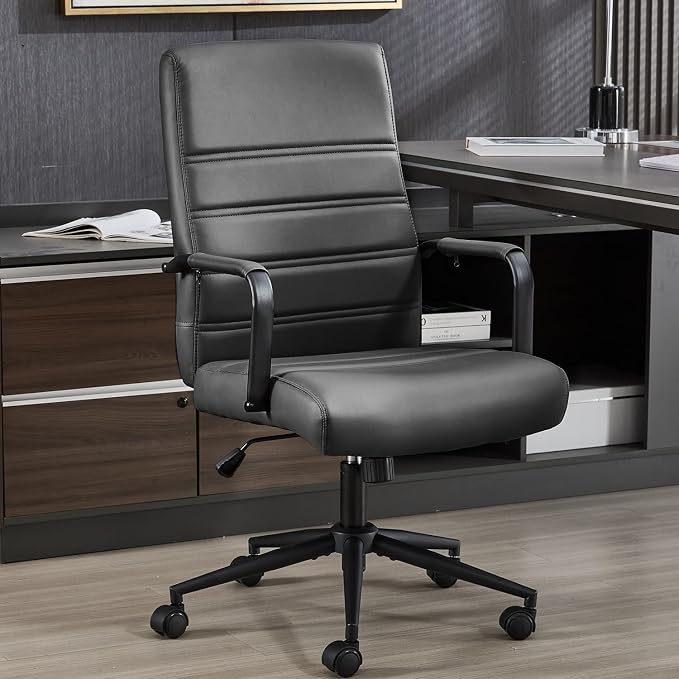 Office Desk Chair Leather, Conference Room Chairs with Wheels, Modern Executive Office Chairs Adjustable Height, Ergonomic Swivel Rolling Ribbed Computer Chair(Matte Black)