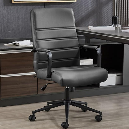 Office Desk Chair Leather, Conference Room Chairs with Wheels, Modern Executive Office Chairs Adjustable Height, Ergonomic Swivel Rolling Ribbed Computer Chair(Matte Black)