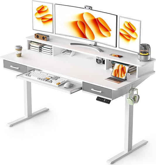 WALKINGDESK 63 Inches Electric Standing Desk with Keyboard Tray, Height Adjustable Sit to Stand Table with 2 Drawers, Ergonomic Home Office Desk with Storage Shelf, Computer Table, White