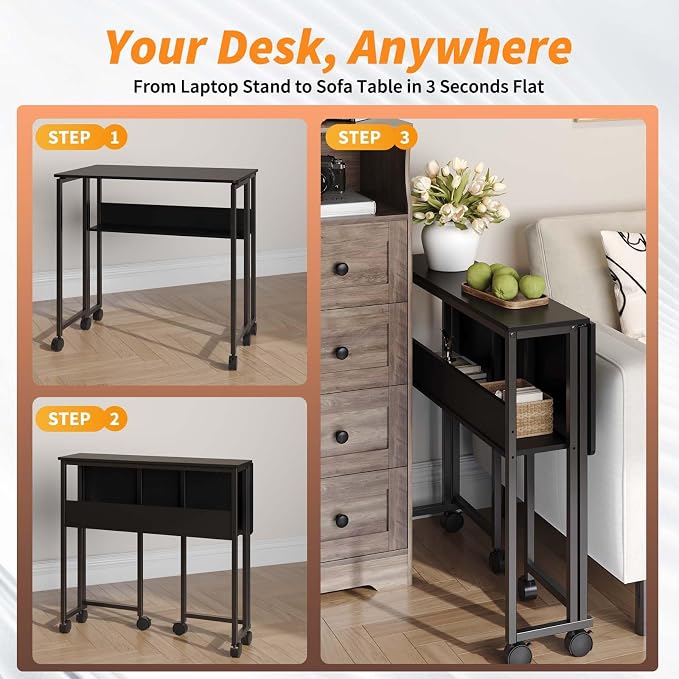 24.8" Folding Rolling Desk with Storage Shelf, Small Foldable Computer Table on Wheels for Home Office & Small Spaces, Portable Workstation with Brakes, Black