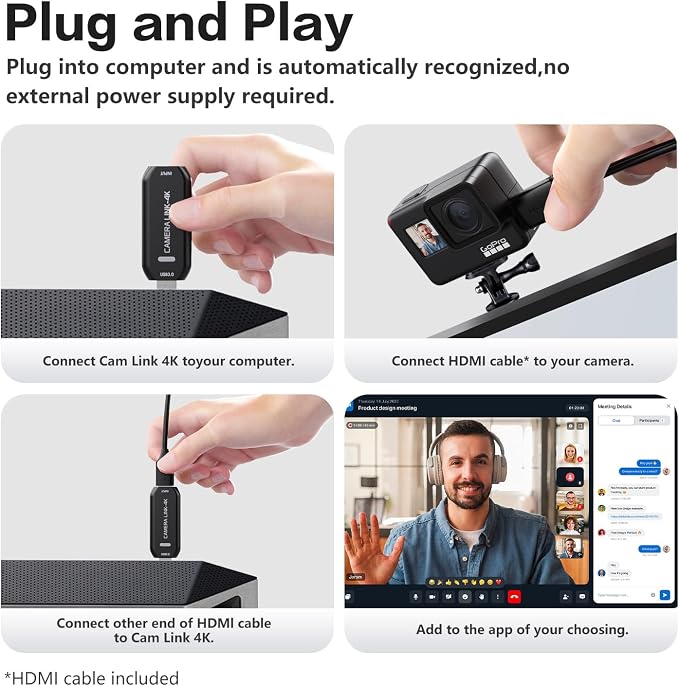 VIXLW Cam Link 4K – External Capture Card for DSLR Camcorder ActionCam as Webcam, HDMI to USB 3.0, Meet/Stream/Record in 4K60/1080p120, Easy Connect for OBS/Zoom, Windows/Mac