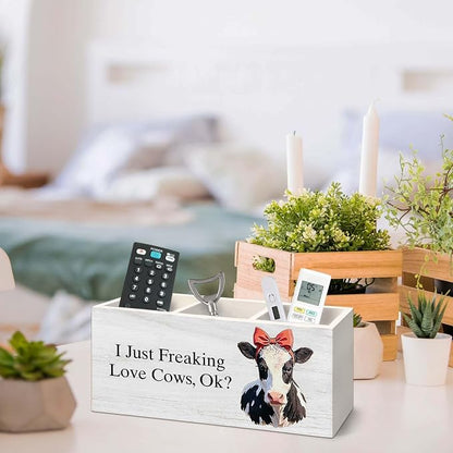 Cow Gifts Pen Holder for Desk, Funny Cute Bow Farm Animal Pencil Organizer, Cow Gifts for Women CowLovers, I Just Freaking Love Cows Wooden Pen Holder Desk Accessories Decor for Home Office