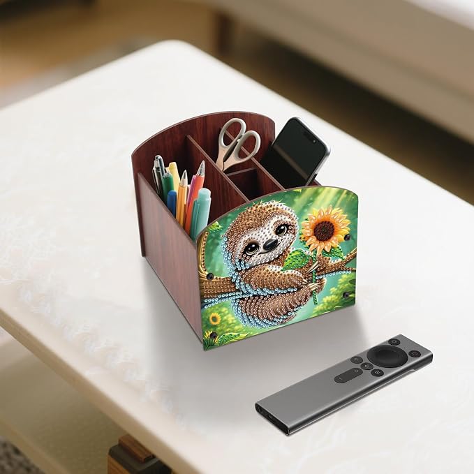 Diamond Painting Wooden Desk Organizer, Sloth with Sunflower Design DIY Diamond Art Storage Box for Tabletop Decoration, Crystal Rhinestones Art Desktop Ornament Kit for Adults