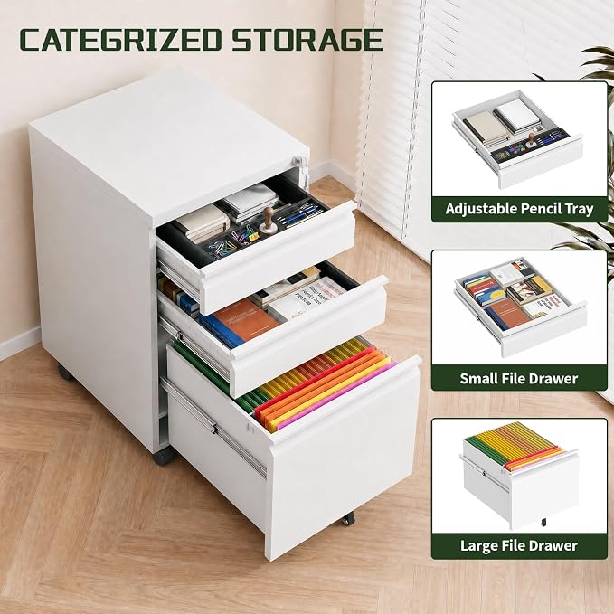 3 Drawer File Cabinet with Lock,Rolling Mobile File Cabinet with Wheels for Home Office,Under Desk Metal Filing Cabinet,Office Storage Organizer,Fully Assembled,White