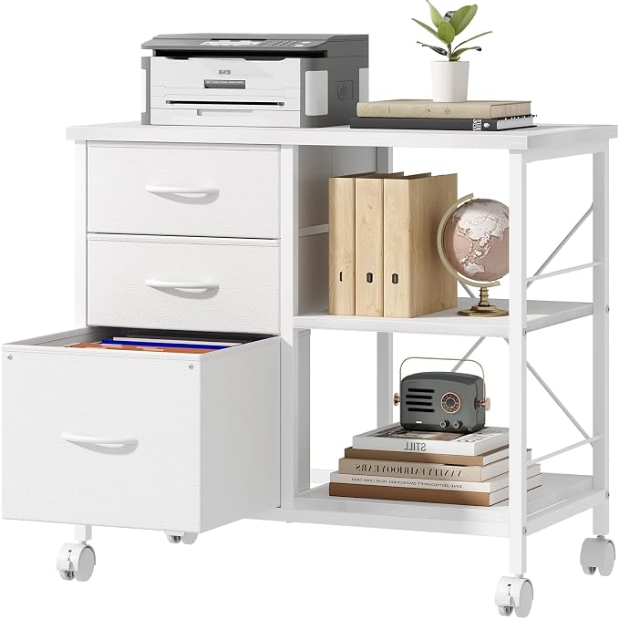 DUMOS 3-Tier Mobile File Cabinet, Printer Stand with Storage, Office Table with Drawers and Back Support Bar, Holds 110lbs for Home Office, White