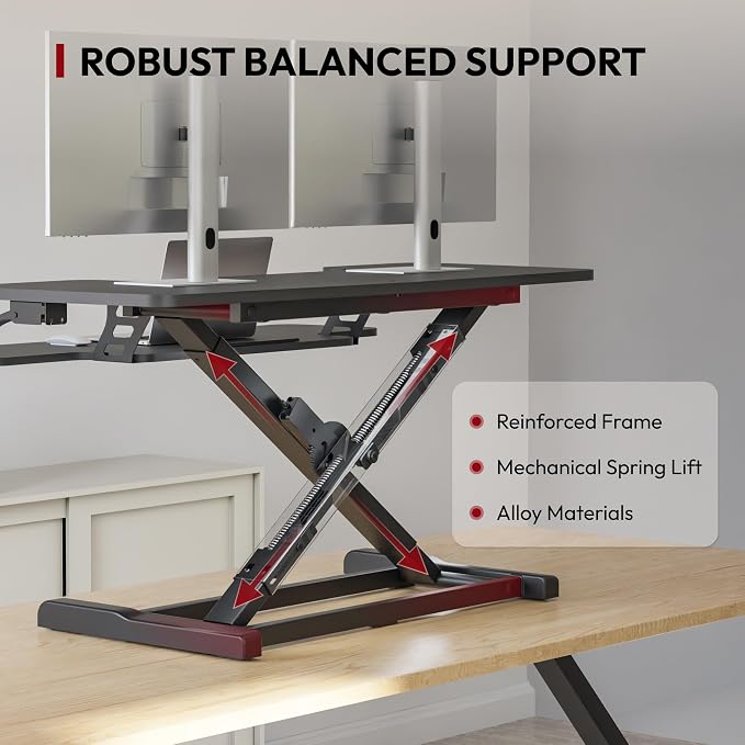 SANODESK 42" Extra Large Standing Desk Converter, Height Adjustable Sit Stand Riser with Wide Keyboard Tray, Dual Monitor Workstation for Home Office, Ergonomic Desktop Riser, Black
