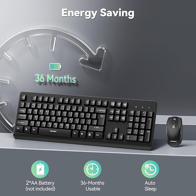 TECKNET Wireless Keyboard and Mouse Combo, Full-Size Ergonomic Keyboard & Optical Mouse, Low-Noise Typing & Clicking,Long Battery Life,Spill-Resistant,2.4G Lag-Free USB Receiver for PC,Laptop,Computer