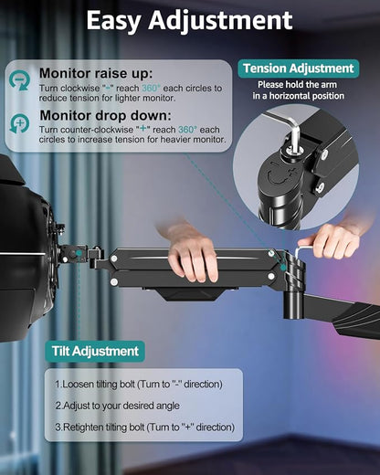 MOUNT PRO Monitor Wall Mount for 17-43" Ultrawide Screens, Single Wall Mount Monitor Arm Holds up to 33.1 lbs, Full Motion Adjustable Wall Bracket with VESA Extension Kit, VESA Mount Max 200x200mm