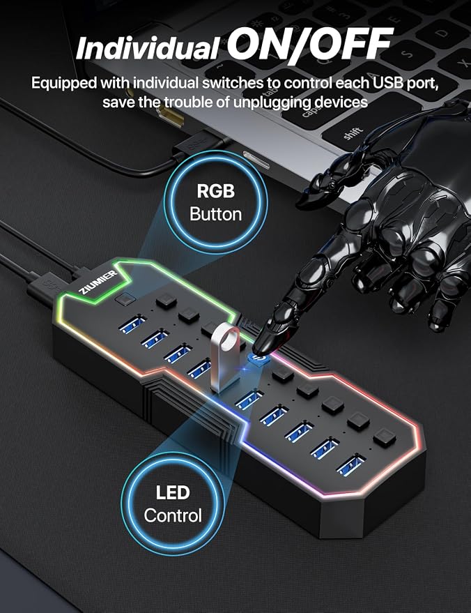 ZIUMIER Powered USB Hub, 10 Ports USB 3.0 Hub with RGB LED Strip | 12V/2A Power Adapter USB Extension,Individual LED On/Off Switches for Mac, PC, Desktop, Flash Drive, Mobile HDD