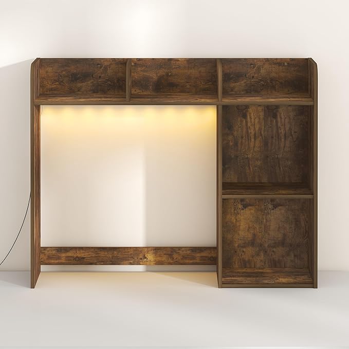 Furinno Classic Desk Shelf with LED Lights, 5-Shelf Hutch, Amber Pine | LED Desktop Book Shelf, Desk Organzier, for Office Supplies, Office Desk Accessories