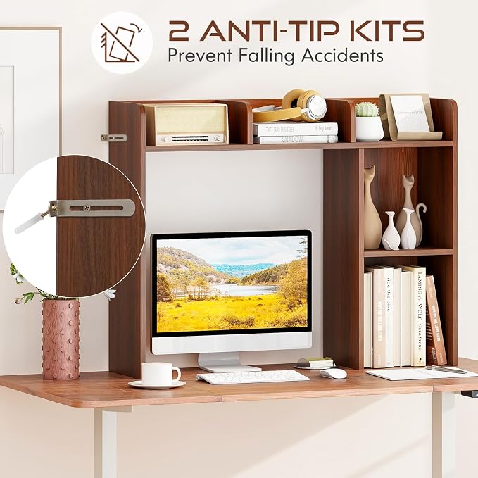 LDAILY Desktop Shelf, Multipurpose Wood Desk Hutch for Max 27" Computer Monitor, Countertop Storage Hutch with 5 Shelves, 3 Tier Desktop Display Rack for Dorm Office Home(Walnut)