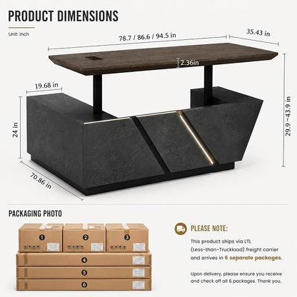SAINTCY Adjustable Executive Desk - Luxury L Shaped Desk with Drawers, Large Table with File Cabinets, Executive Office Desks with LED Light Strip Home Office Desk for Professionals
