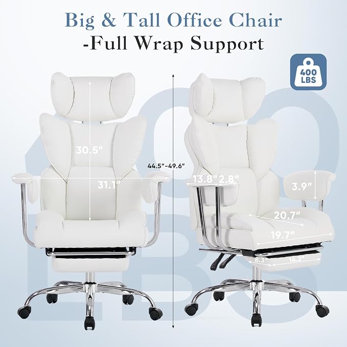 DUMOS Big and Tall Office Chair 400 LBS, Scratch-Resistant PU Leather Executive Office Desk Chair with Footrest, Ergonomic Reclining Computer Chairs with Pocket Spring Support, White