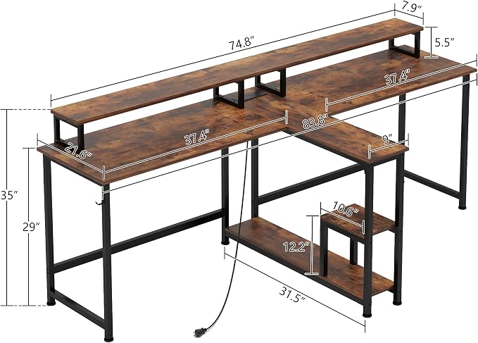 Mexin 2 Person Desk-83.7 Inch Double Computer Desk with Monitor Stand and Power Outlets, Office Desk with Storage Shelves, Long Desk for Home Office, Rustic Brown