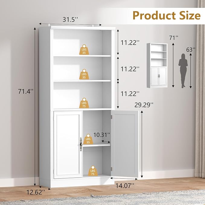 Thacuok 72'' Tall Bookcase with Doors, Adjustable Shelves, P2 MDF Construction, 32'' Wide Freestanding Cabinet with Metal Handles, Hidden Storage for Living Room, Bedroom