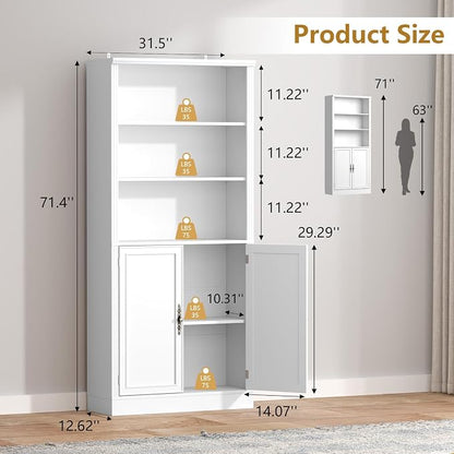 Thacuok 72'' Tall Bookcase with Doors, Adjustable Shelves, P2 MDF Construction, 32'' Wide Freestanding Cabinet with Metal Handles, Hidden Storage for Living Room, Bedroom