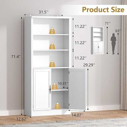 Thacuok 72'' Tall Bookcase with Doors, Adjustable Shelves, P2 MDF Construction, 32'' Wide Freestanding Cabinet with Metal Handles, Hidden Storage for Living Room, Bedroom