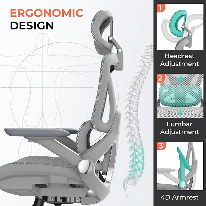 CAPOT Ergonomic Mesh Office Chair, Adjustable Lumbar High Back Desk Chair 400lbs, 4D Flip-up Arms, 3 Tilt Backrest, 3D Headrest, PU Wheels, Swivel Rolling Computer Seating for Long Desk Work - Grey