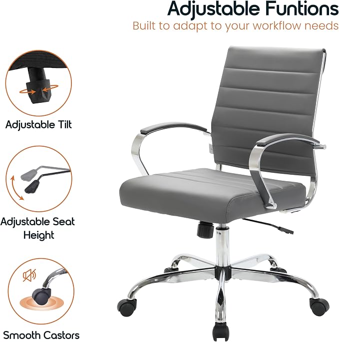 LeisureMod Benmar Leather Office Desk Chair, Mid-Back Ergonomic Swivel Chair with Lumbar Support, Adjustable Height, Tilt Lock, Cushioned Seat & Back, Home Office Task Chair (Grey, Pallet)