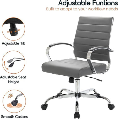 LeisureMod Benmar Leather Office Desk Chair, Mid-Back Ergonomic Swivel Chair with Lumbar Support, Adjustable Height, Tilt Lock, Cushioned Seat & Back, Home Office Task Chair (Grey, Pallet)