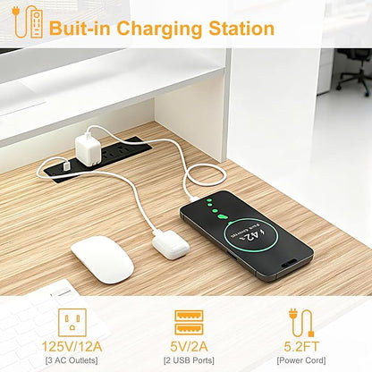 44"×24" White Computer Desk Home Office Gaming Desk with Charging Station Pegboard Motion Sensor Light, Modern Study Desk for Bedroom Living Room Game Kids Room Nursery