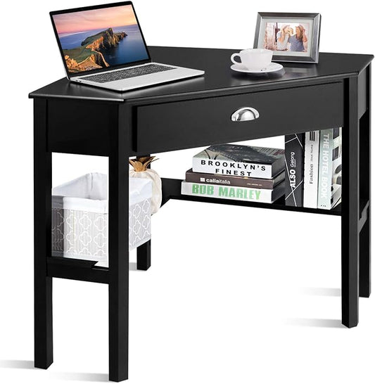 POWERSTONE Corner Desk for Small Space - Triangle Computer Writing Desk Corner Makeup Vanity Table with Storage Drawer & Shelf for Home Office, Workstation, Living Room, Bedroom,Black