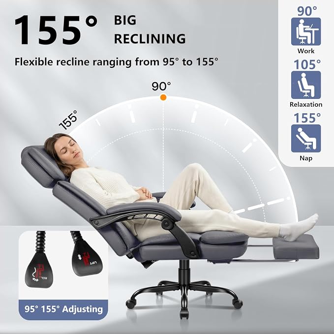 Office Chair with Foot Rest 400lbs, Heavy Duty Executive Leather Office Chair for Heavy People,Big and Tall High Back Ergonomic Comfy Office Desk Chair with Lumbar Support,Grey