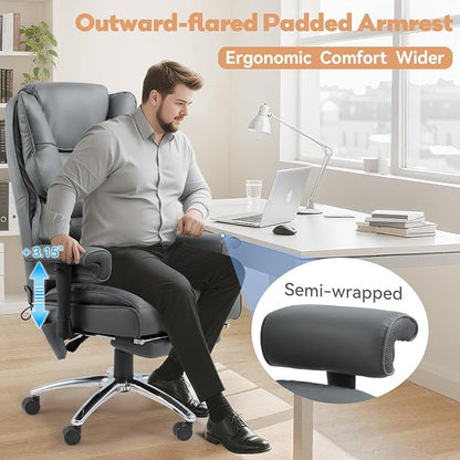 Massage Office Chair with Foot Rest, Ergonomic Executive Heated Office Chair with Reclining Backrest, Adjustable Arms and Lumbar Support, High Back Leather Desk Chairs for Home Office, Gray