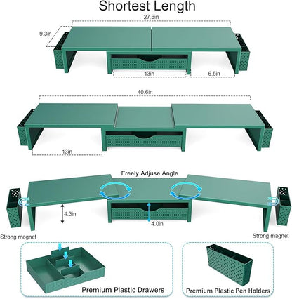 gianotter Dual Monitor Stand Riser, Desk Organizer With Drawer and 2 Pen Holders, Monitor Stand for Desk, Office Decor Essentials (Green)