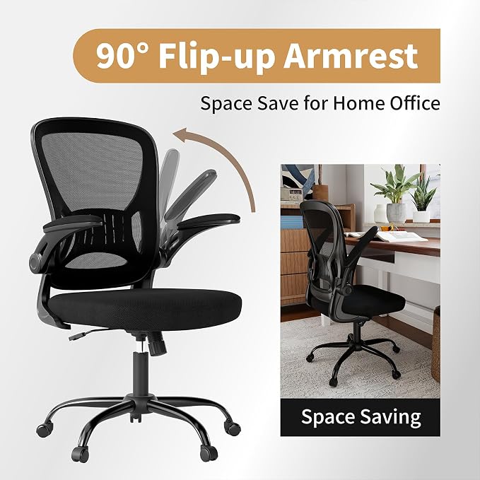 Youhauchair Office Chair, Ergonomic Home Office Desk Chairs with Flip-up Arms and Lumbar Support, Height Adjustable, Black