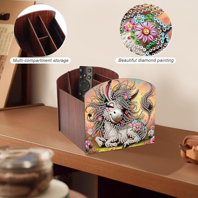 Diamond Painting Wooden Desk Organizer Donkey Design, DIY Diamond Art Storage Box for Home Office Tabletop, Decorative Wooden Craft Organizer for Stationery & Accessories