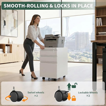 3 Drawer File Cabinet with Lock,Under Desk Filing Cabinet for Home Office Storage Letter/Legal/A4,Mobile Steel Cabinets with Wheels,Fully Assembled,White