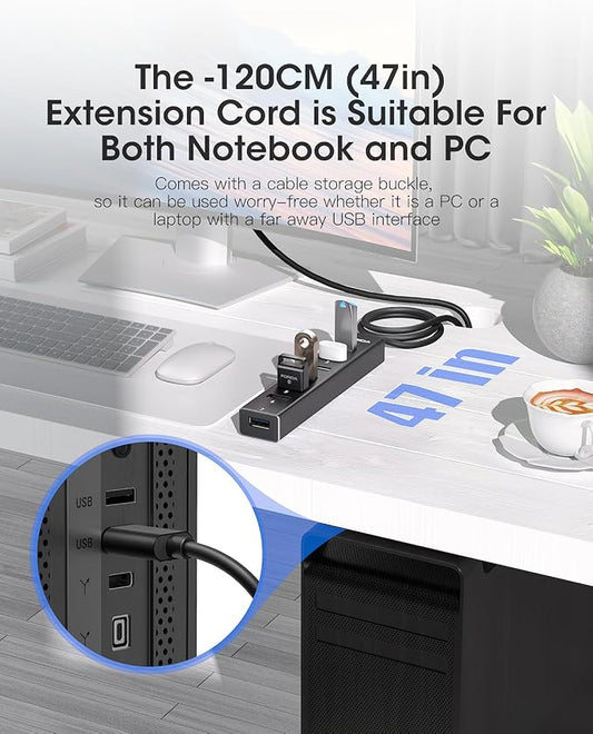 FORIDA Aluminum Alloy 8 Port USB Hub Long Cable USB Splitter with 7-USB3.0 Data Ports and TypeC 5V/3A Power Port Compatible with MacBook, Laptop,Surface Pro, PS5, PC and More (Black, USB A-47in)