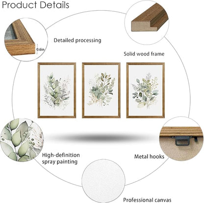 WRFON Framed Sage Green Botanical Wall Art Set of 3, Watercolor Eucalyptus & Wild Plant Canvas Prints, Minimalist Green Wall Decor for Living Room Bedroom Bathroom, 12x16 Inches