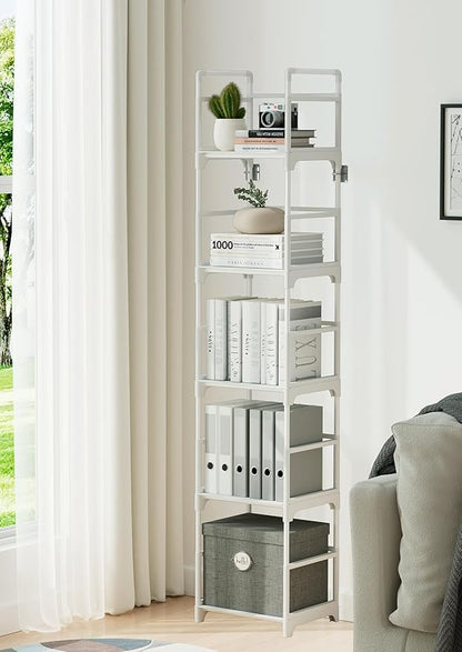 FIDUCIAL HOME 5 Tiers Narrow Bookshelf White Skinny Open Book Shelf | Slim Thin Small Spaces for Space Saving, Easy to Assemble, 12"L x 10"W x 57.2"H