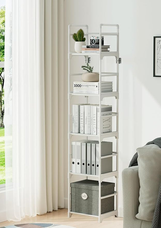 FIDUCIAL HOME 5 Tiers Narrow Bookshelf White Skinny Open Book Shelf | Slim Thin Small Spaces for Space Saving, Easy to Assemble, 12"L x 10"W x 57.2"H