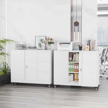 47" Rolling File Storage Locker Cabinet with 3-Drawer，Office Storage Cabinet with Adjustable Shelf & Universal Wheels, Mobile Printer Stand for Home Office, Living Dining Room,White